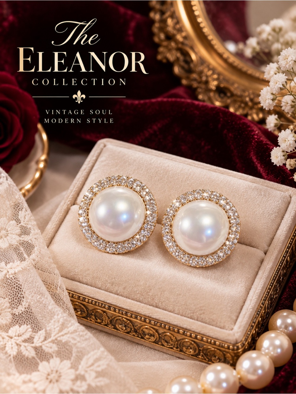 The Eleanor Collection Faux Pearl CZ Halo Statement Earrings NWT